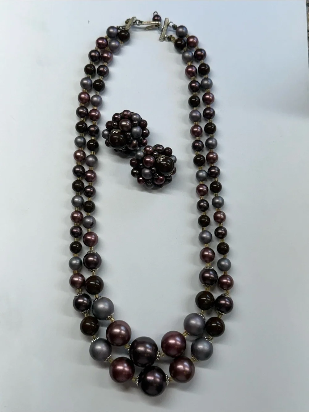 Vintage JAPAN Two Strand Three Tone Faux Pearl Necklace Clip Earrings Set